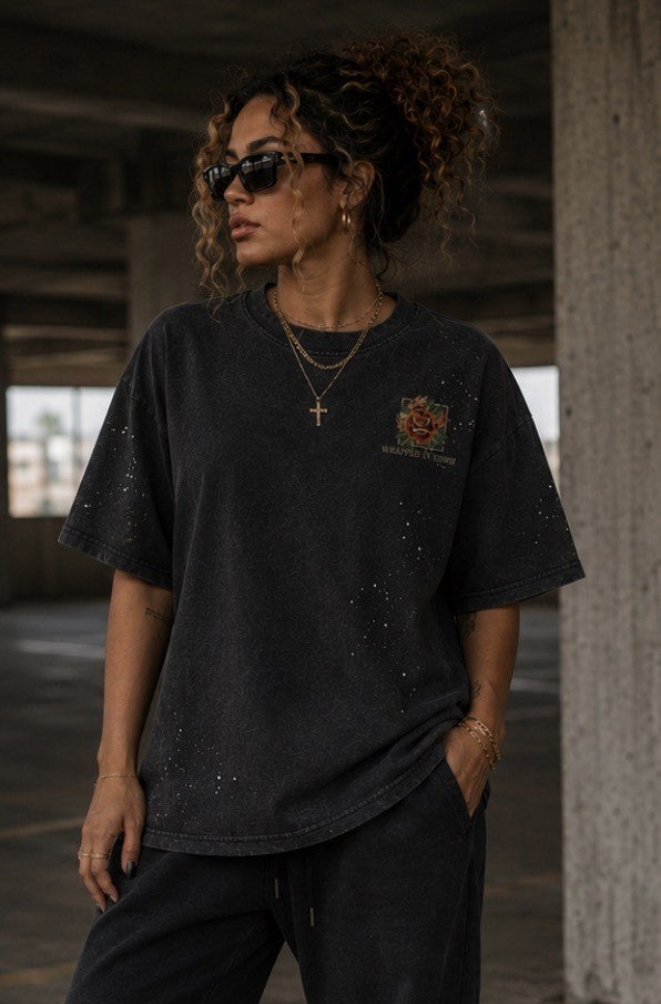 LIVING WATER-Hand Frayed Sunfade Paint Splatter T-Shirt