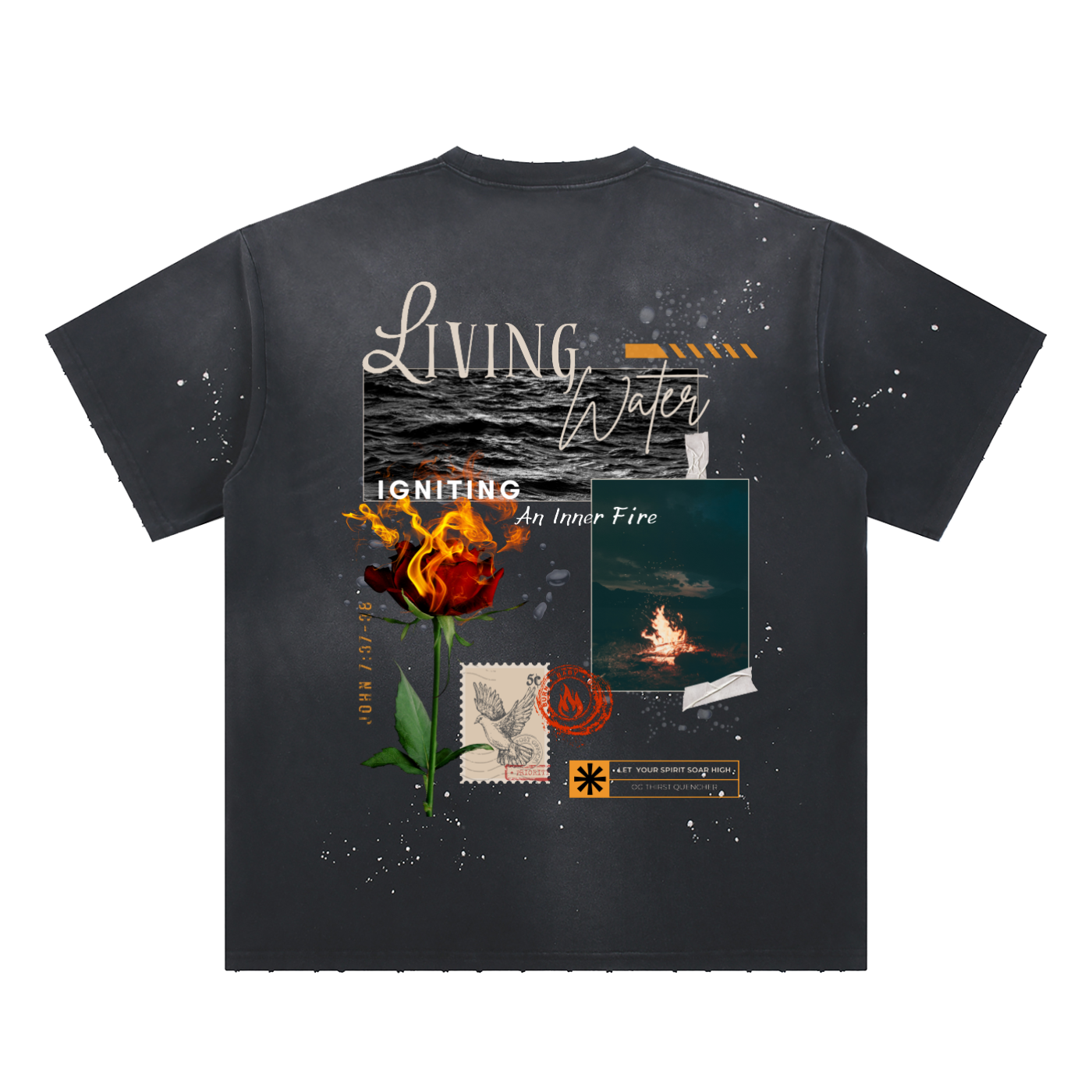 LIVING WATER-Hand Frayed Sunfade Paint Splatter T-Shirt