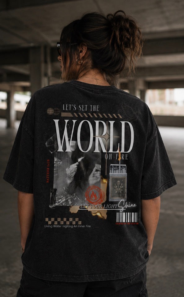 WORLD ON FIRE-Snow Washed Oversized Cotton T-Shirt