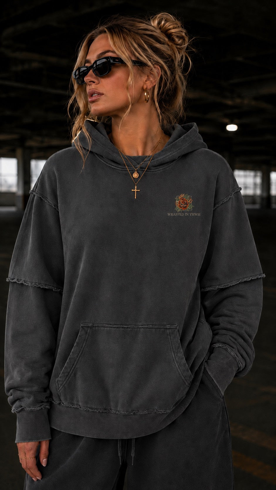 LIVING WATER-Snow Washed Raw Edge Double Layered Hoodie